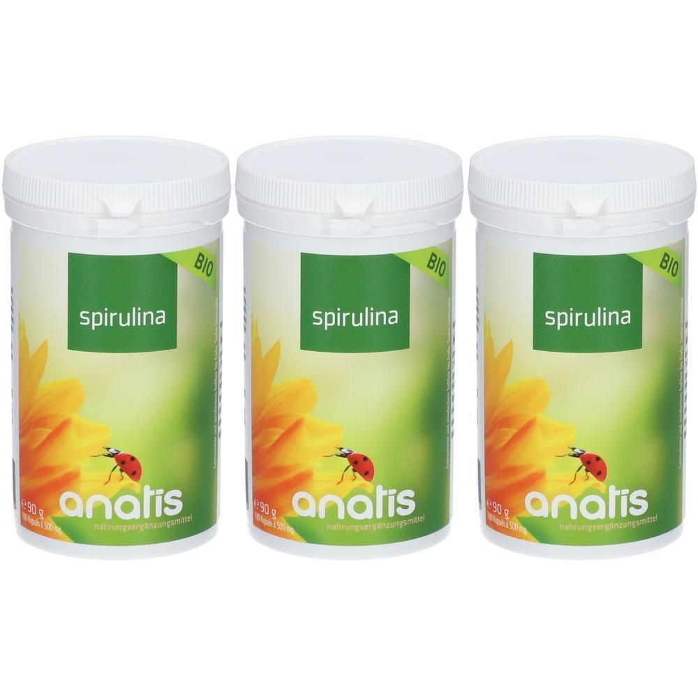 Drei Dosen Anatis Spirulina Bio, Nahrungsergänzungsmittel, mit Marienkäfer- und Blumenmotiv.
