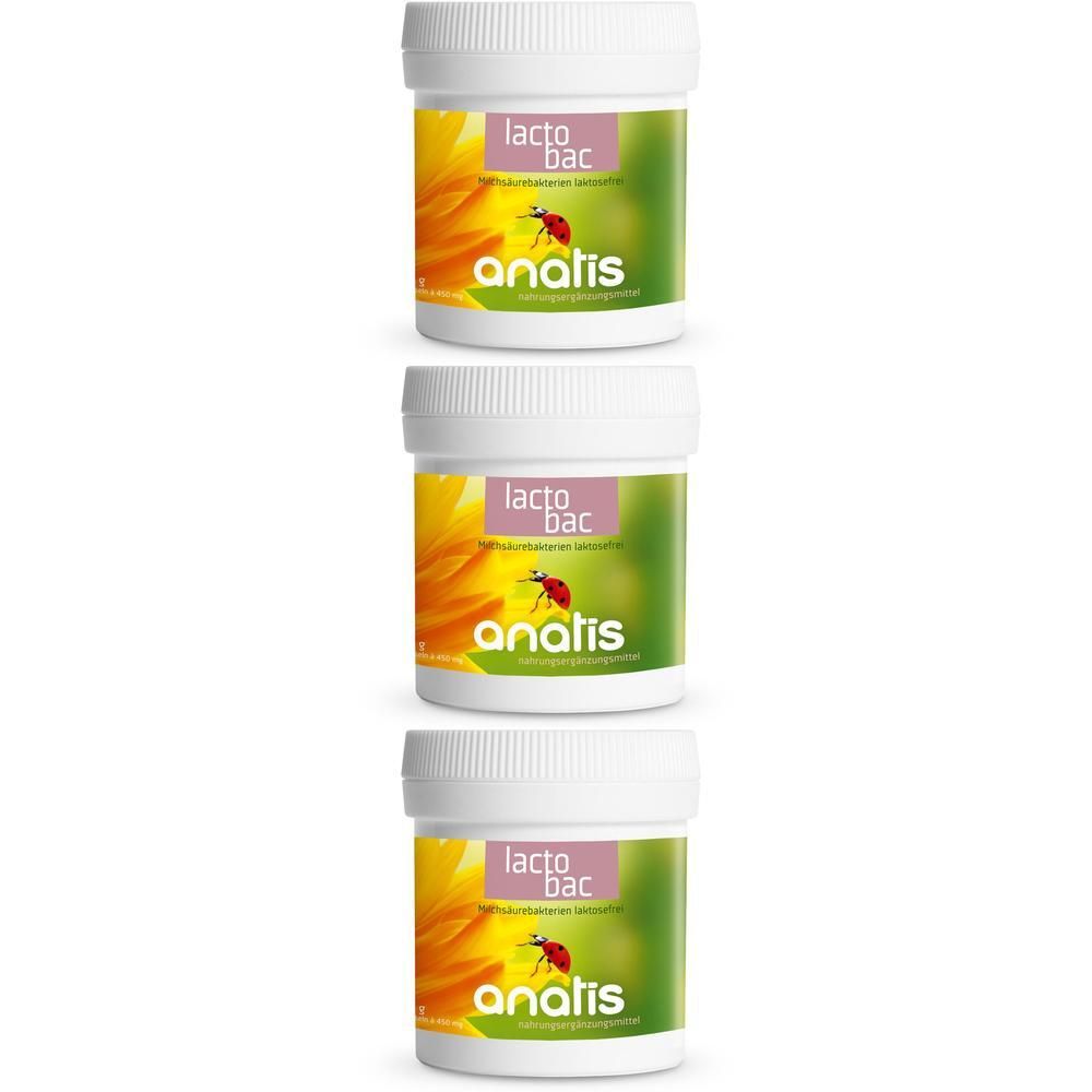 Drei Behälter mit Anatis Lacto Bac. Weiße Schraubdeckel, Etiketten mit Sonnenblume und Marienkäfer.