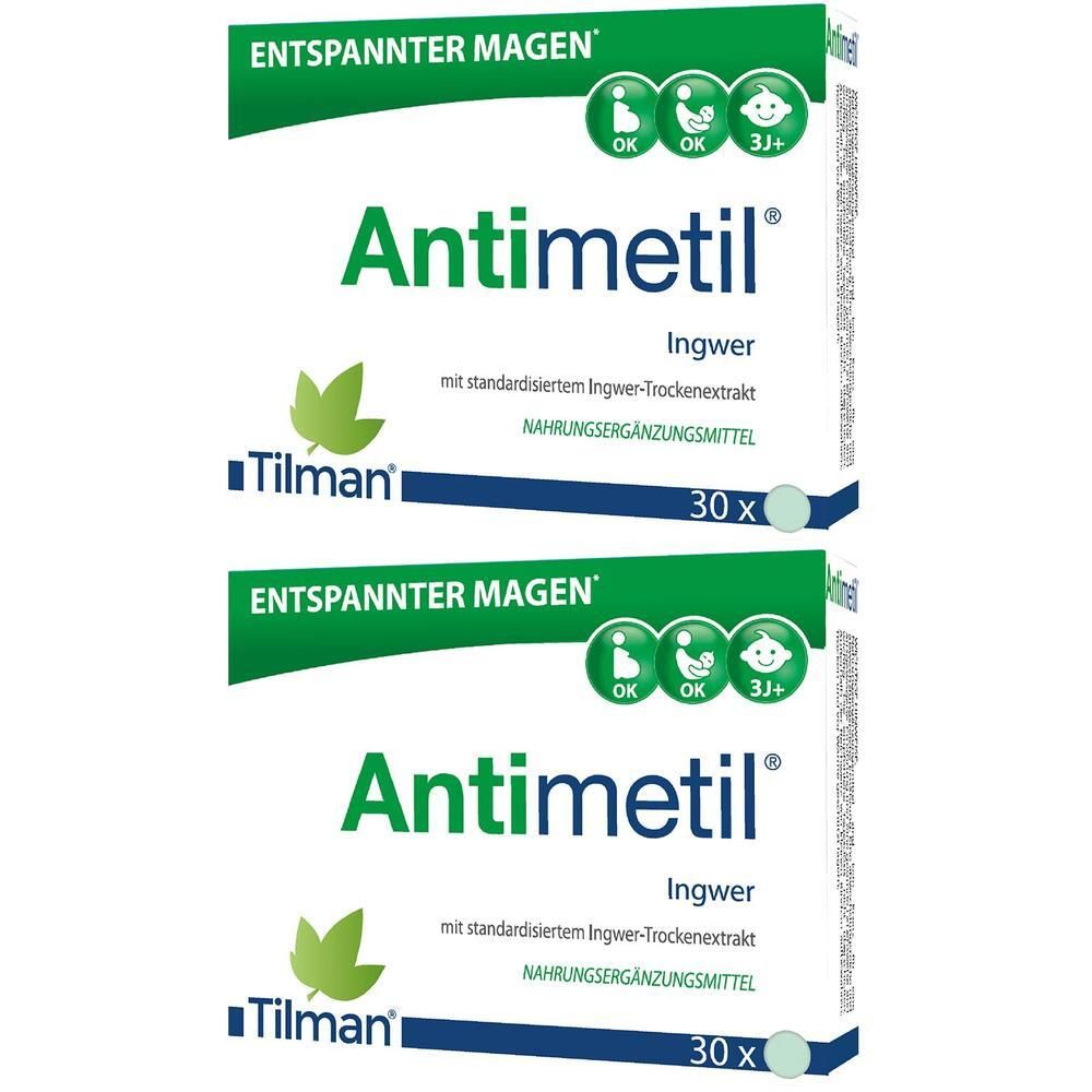 Zwei Packungen Antimetil Ingwer Nahrungsergänzungsmittel, 30 Stück pro Packung.