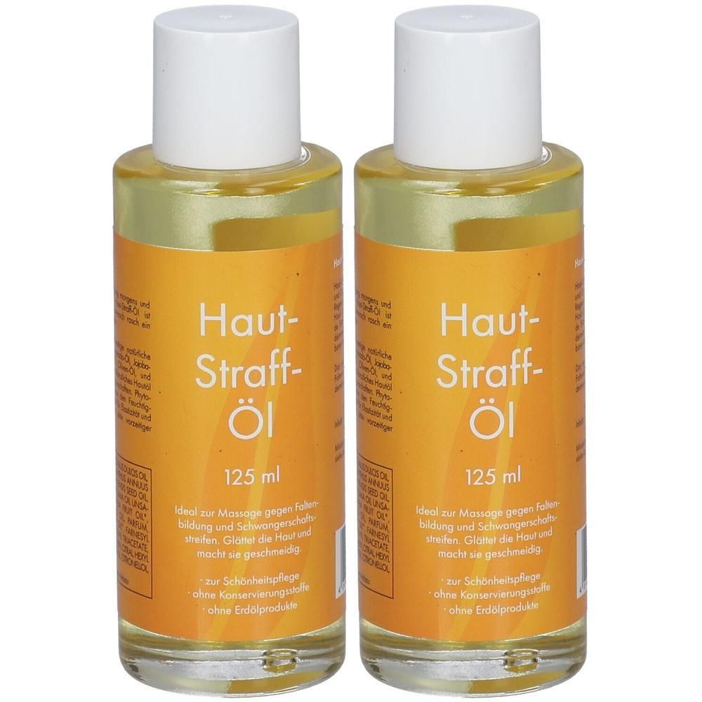 Zwei Flaschen Haut-Straff-Öl, je 125 ml, mit weißen Verschlüssen und orangefarbenen Etiketten.