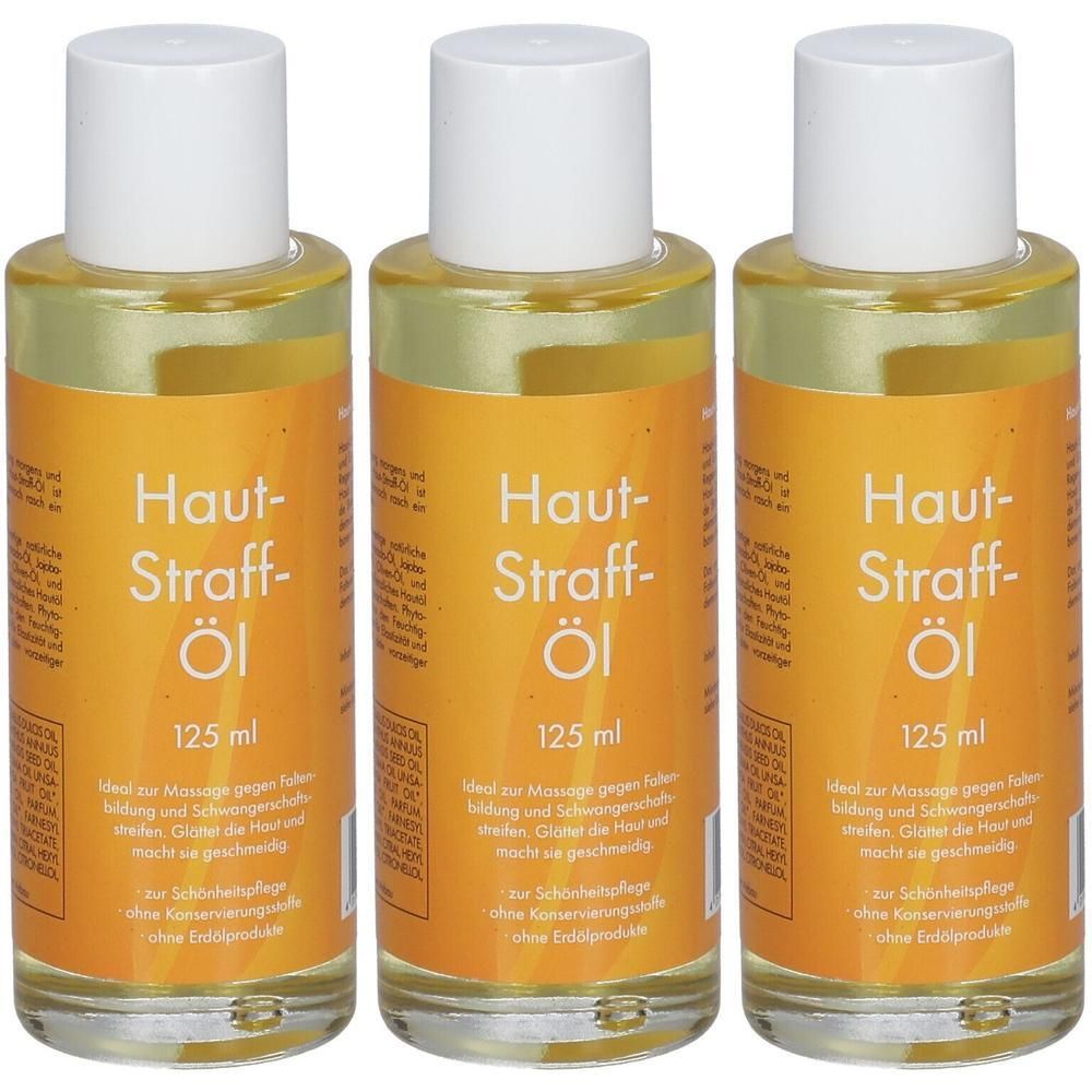 Drei Flaschen Haut-Straff-Öl, jeweils 125 ml.