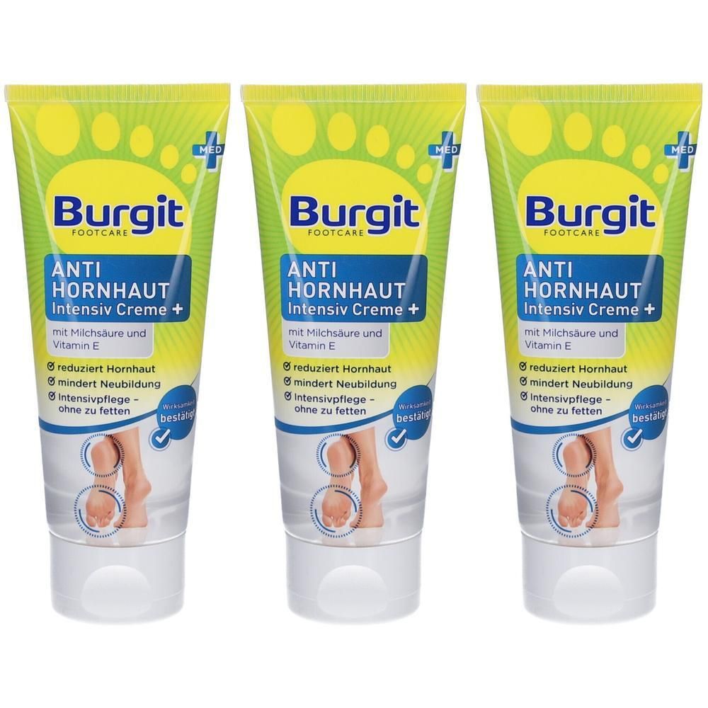 Drei Tuben Burgit Anti Hornhaut Intensiv Creme Plus mit Milchsaure und Vitamin E. Für die Fußpflege.