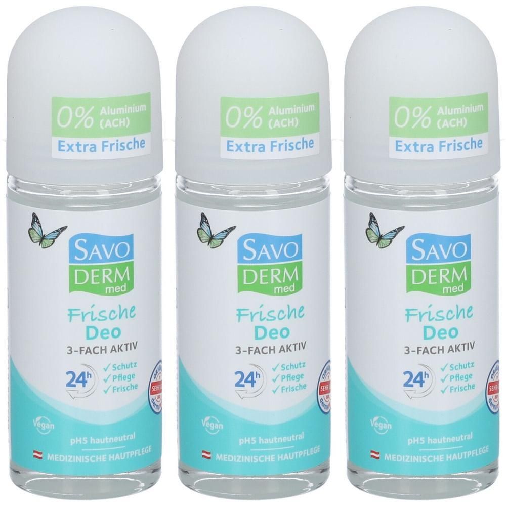 Drei SAVODERM med Frische Deo Roll-Ons, 0% Aluminium, 24h Schutz.