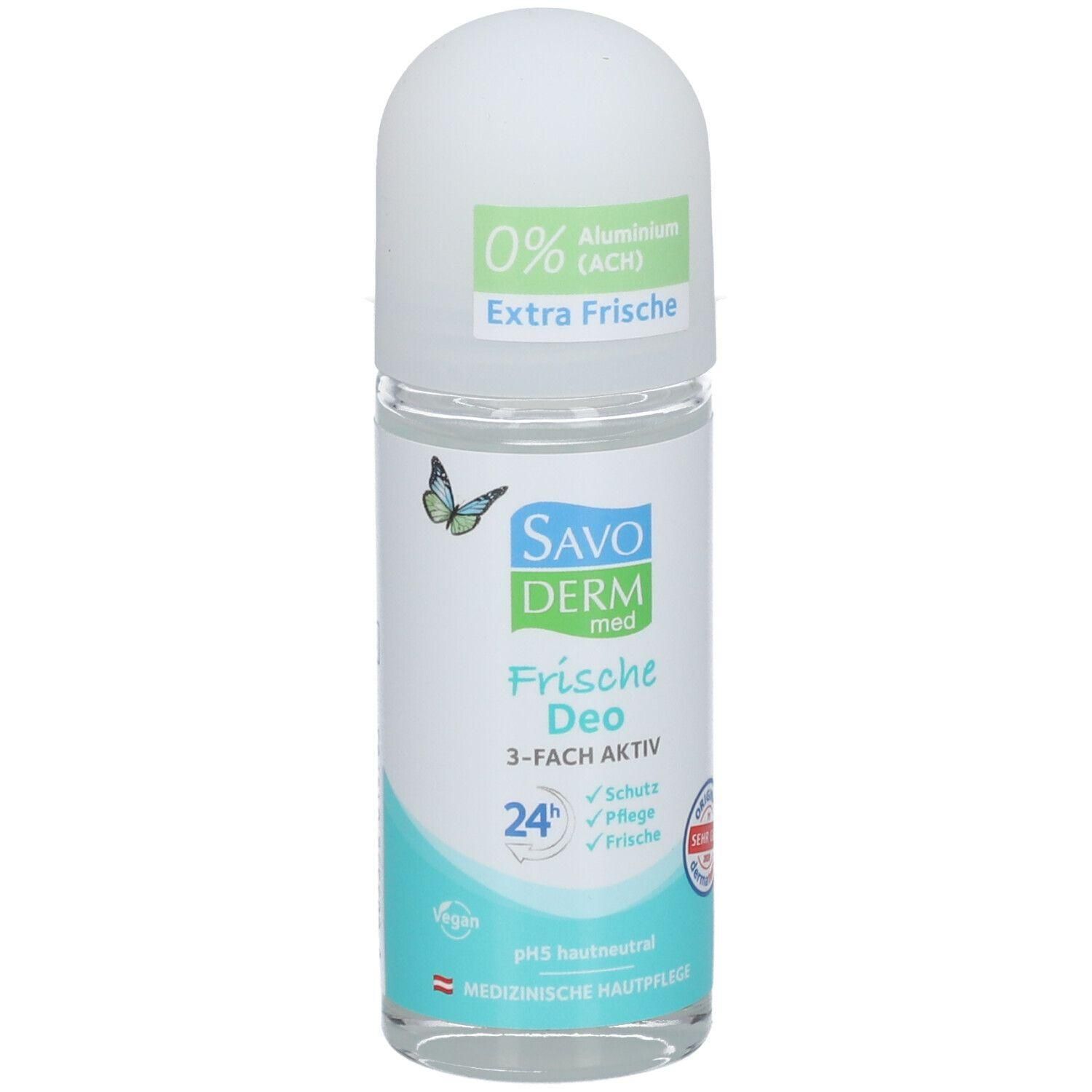 SAVODERM med Frische Deo Roll-on mit 0% Aluminium. 24h Schutz, Pflege, Frische. Vegan, pH-hautneutral.