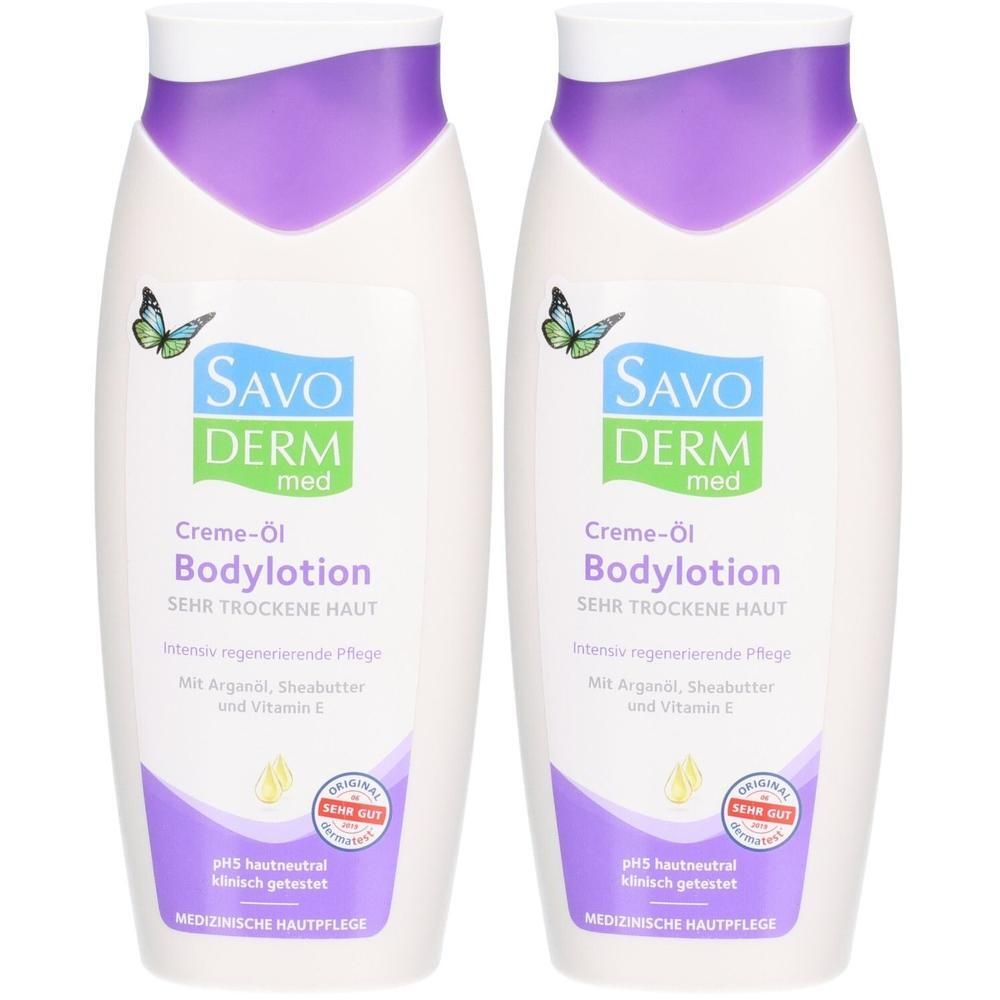 Zwei Flaschen SAVODERM med Creme-Öl Bodylotion für sehr trockene Haut. Mit Schmetterlings-Motiv.