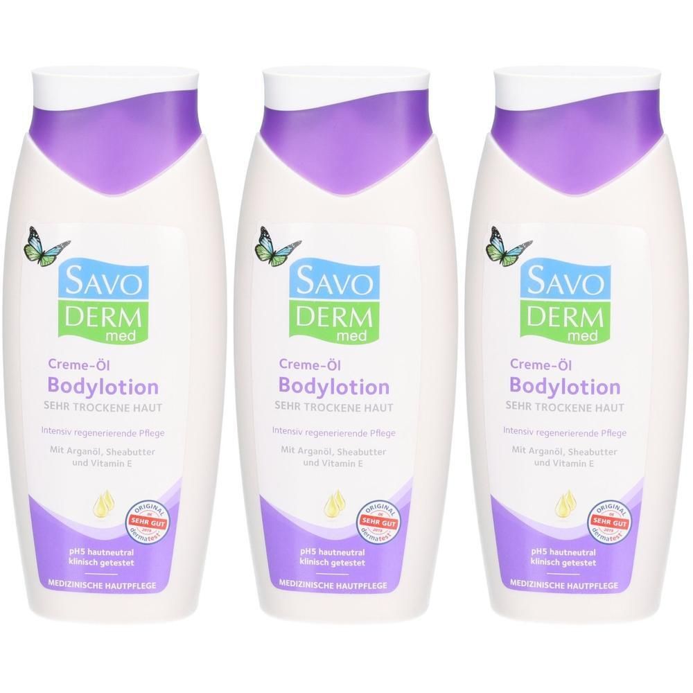 Drei Flaschen SAVODERM med Creme-Öl Bodylotion für sehr trockene Haut. Mit Schmetterlings-Motiv.