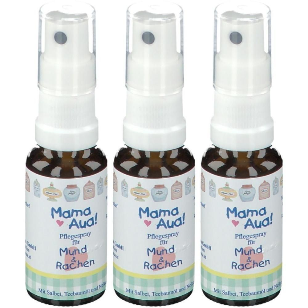 Drei Sprühflaschen Mama Aua! Pflegespray für Mund und Rachen mit Aufdruck.
