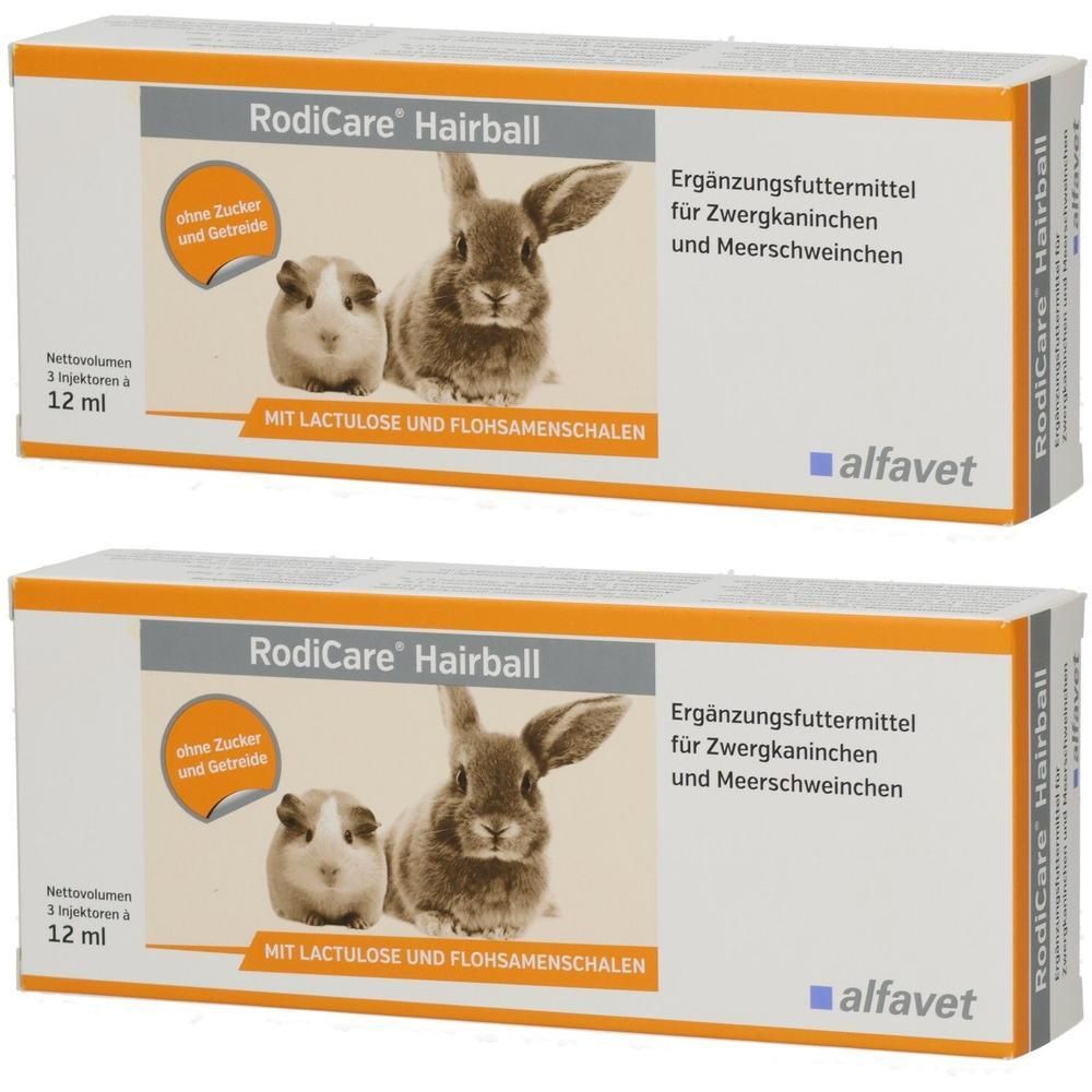 Zwei Packungen RodiCare Hairball Ergänzungsfuttermittel für Zwergkaninchen und Meerschweinchen.