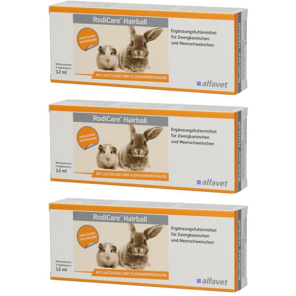 Drei Packungen RodiCare Hairball, Ergänzungsfuttermittel für Zwergkaninchen und Meerschweinchen.