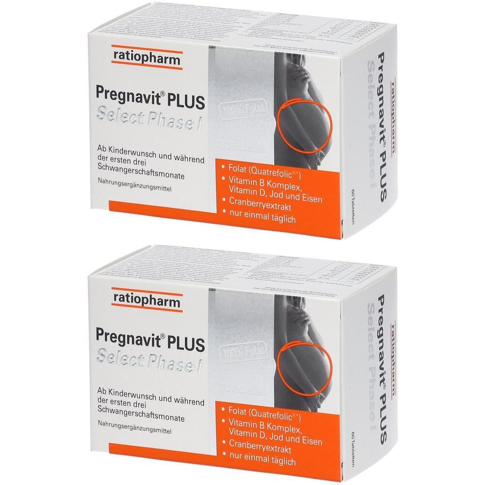 Zwei Packungen Pregnavit® PLUS Select Phase I mit Abbildung eines schwangeren Bauches.