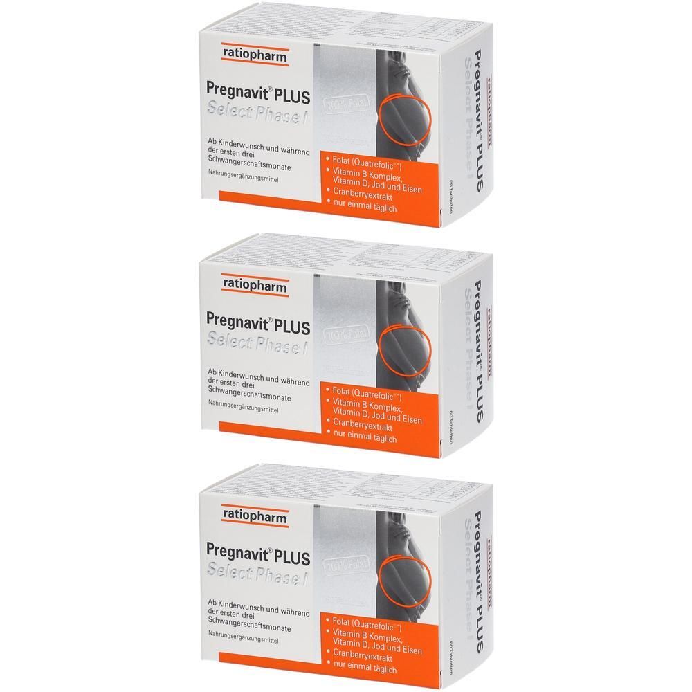 Drei Packungen Pregnavit PLUS Select Phase I mit Ratiopharm Logo und Abbildung eines schwangeren Bauches.