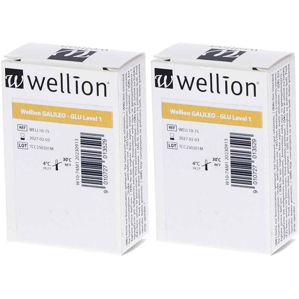 Zwei Packungen Wellion GALILEO Kontrolllösung. Weiße Kartons mit Produktinformationen und Barcode.