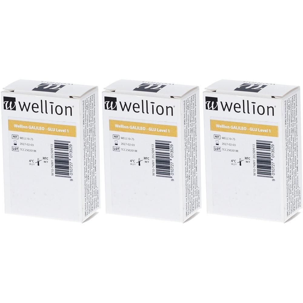 Drei Packungen Wellion GALILEO Kontrolllösung, Level 1, mit Produktinformationen und Barcode.
