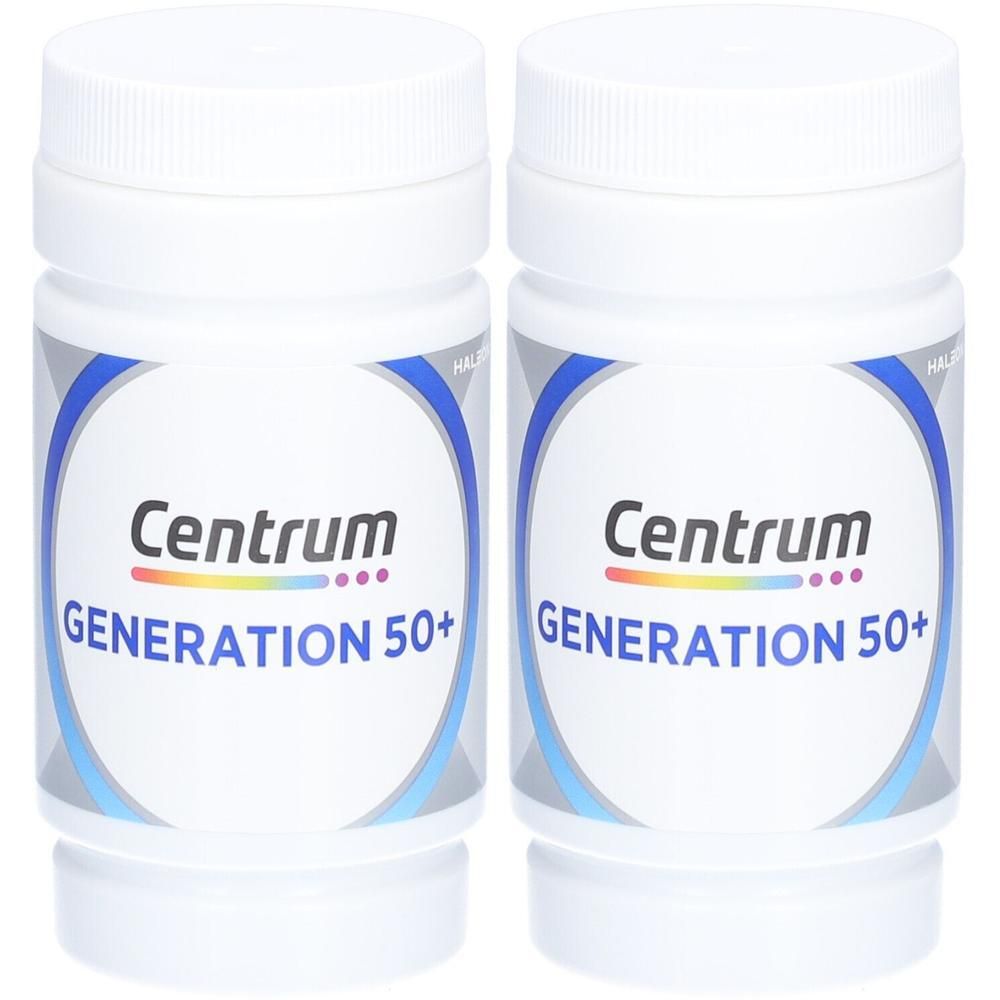 Zwei weiße Behälter mit Centrum Generation 50+ Etiketten.