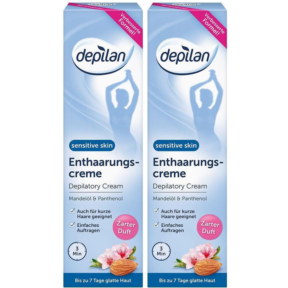 Zwei Packungen depilan Sensitive Skin Enthaarungscreme mit Mandelöl & Panthenol. Für empfindliche Haut.