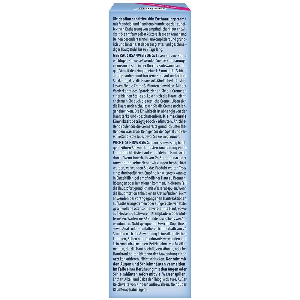 Rückseite einer Packung depilan Sensitive Skin Enthaarungscreme mit Anwendungshinweisen und Inhaltsstoffen.