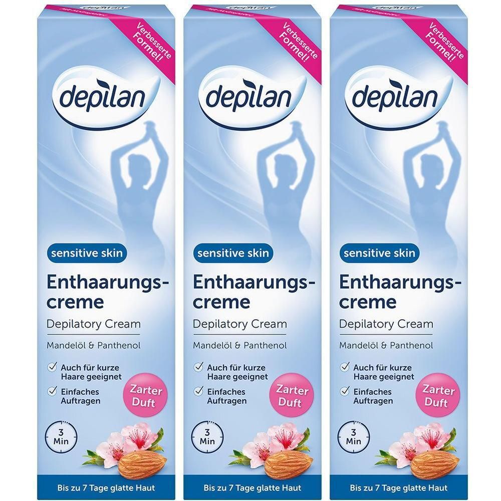 Drei Packungen depilan Sensitive Skin Enthaarungscreme mit Mandelnöl & Panthenol. Für empfindliche Haut.