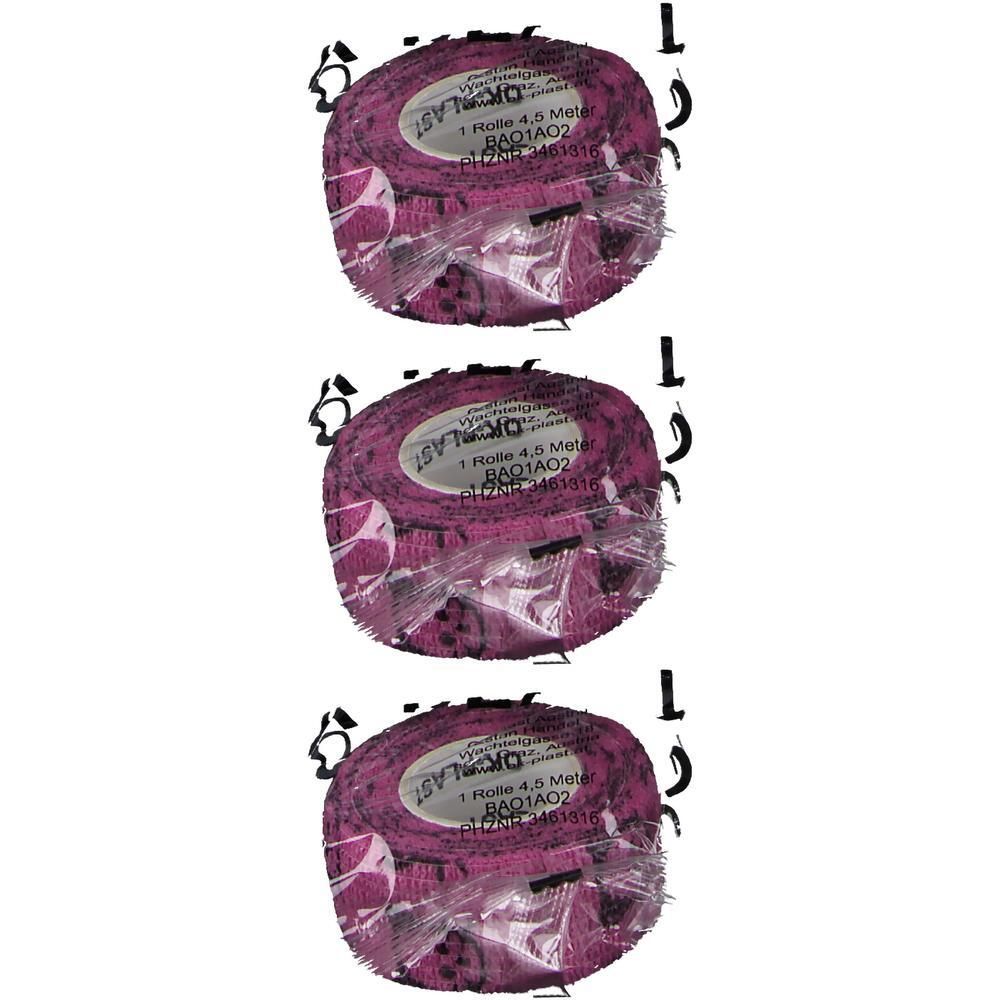 Drei Rollen pinkes Verbandmaterial mit Hello Kitty Aufdruck, jeweils 4,5 m x 2,5 cm.