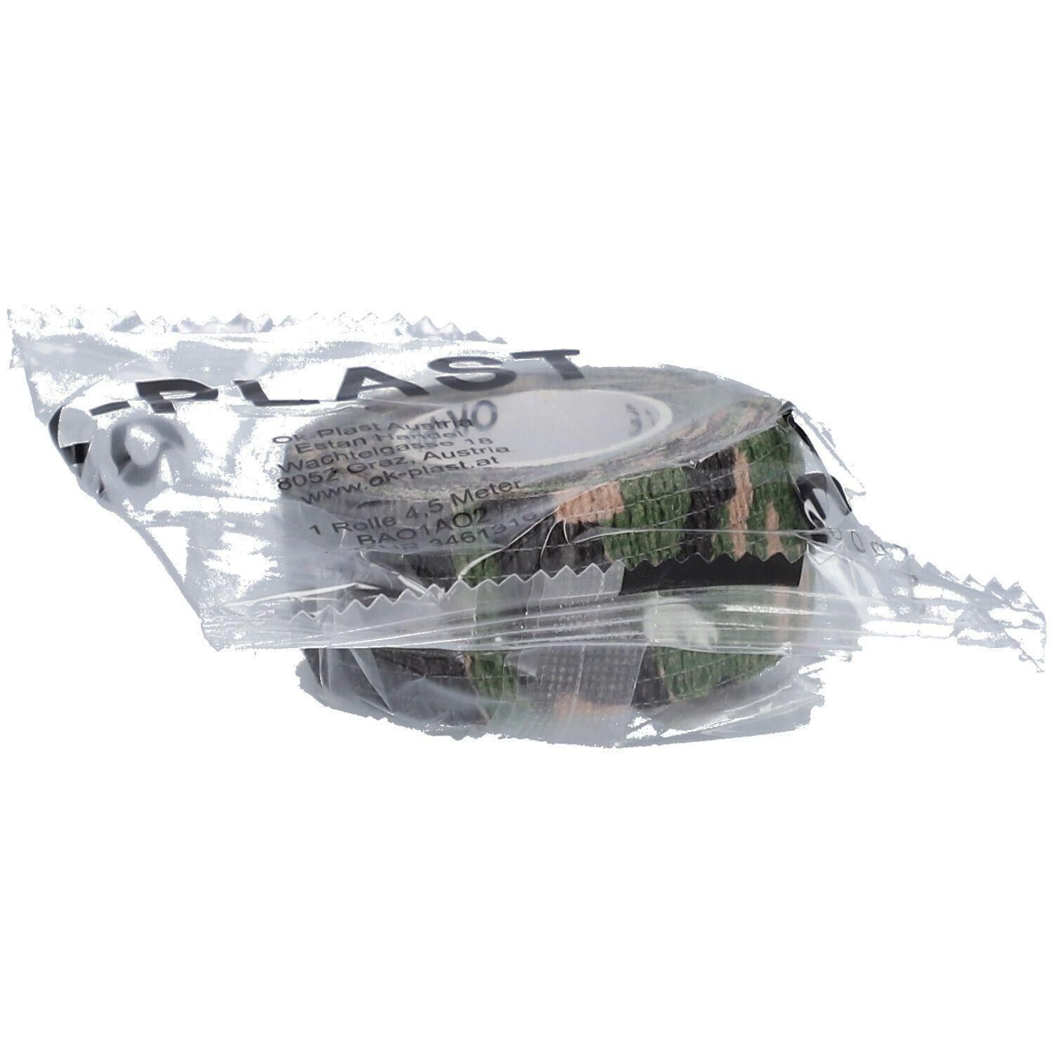 Verbandrolle mit Tarnmuster, 2,5 cm x 4,5 m, in transparenter Verpackung.