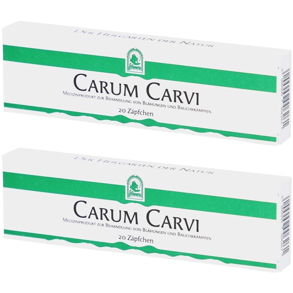 Zwei Packungen Carum Carvi Zäpfchen, 20 Stück pro Packung.