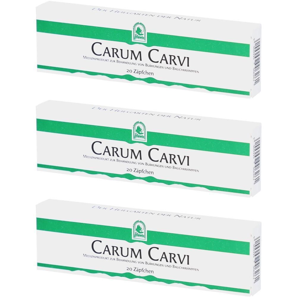 Drei Packungen CARUM CARVI Zäpfchen, jeweils mit 20 Stück.