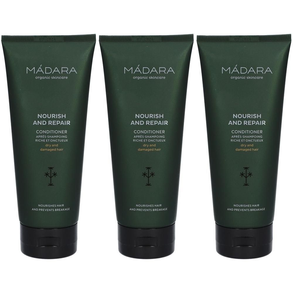 Drei Tuben MÁDARA Nourish and Repair Conditioner für trockenes und geschädigtes Haar.