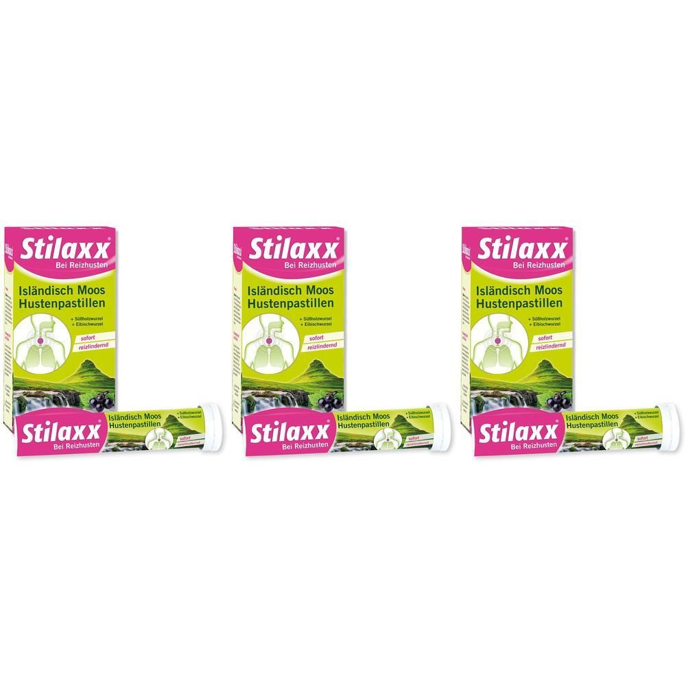 Drei Packungen und drei Röhrchen Stilaxx® Isländisch Moos Hustenpastillen.
