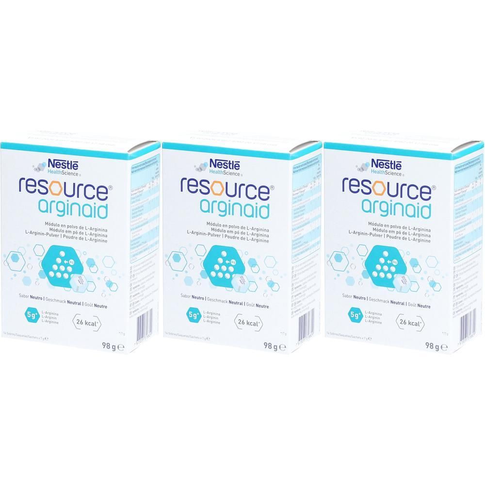 Drei Schachteln Nestlé Health Science Resource Arginaid Pulver. Jede 98g Schachtel enthält L-Arginin.