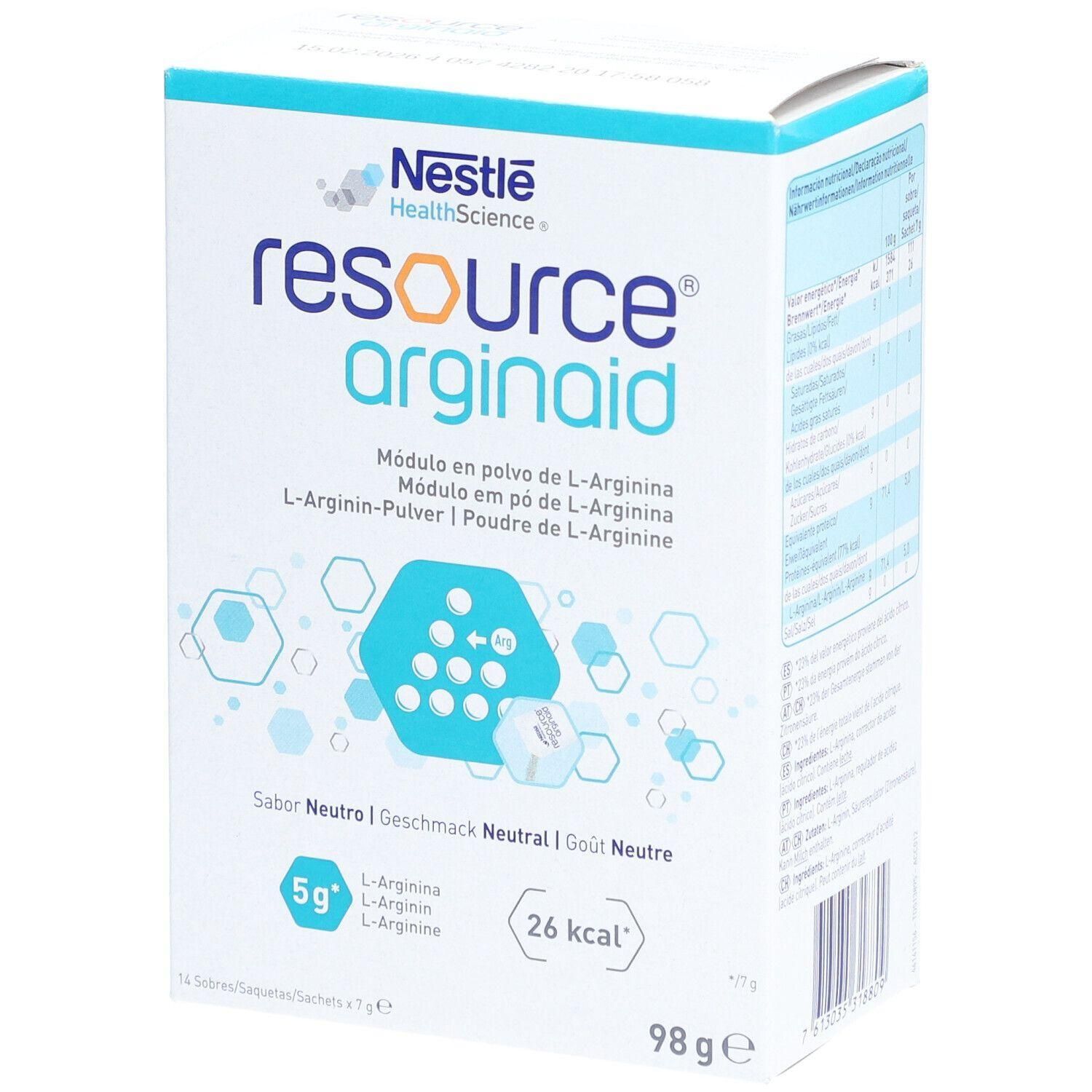 Nestlé Resource Arginaid Pulver-Packung mit L-Arginin, neutralem Geschmack, 5g L-Arginin pro Portion, 26 kcal.
