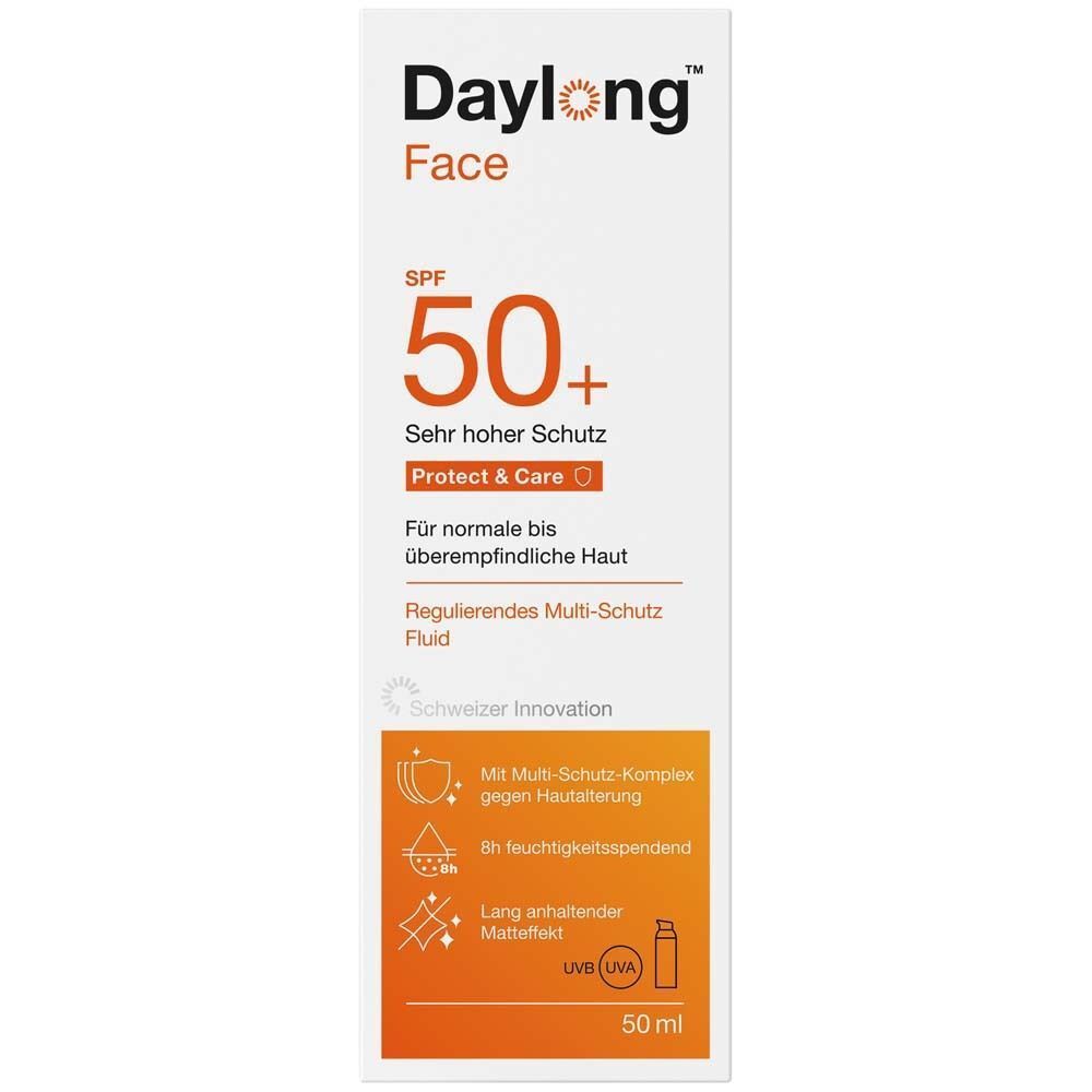 Eine Flasche Daylong Face SPF 50+ Protect & Care Sonnenschutzfluid, 50ml, mit Pumpspender und orangefarbenem Verschluss.