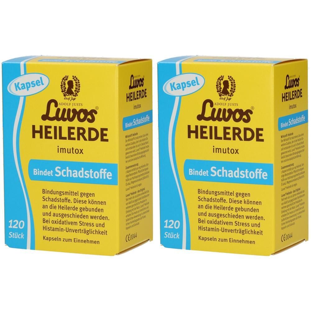 Zwei Packungen Luvos Heilerde imutox Kapseln. Gelbe Kartons mit blauen Akzenten. Jede Packung enthält 120 Kapseln.