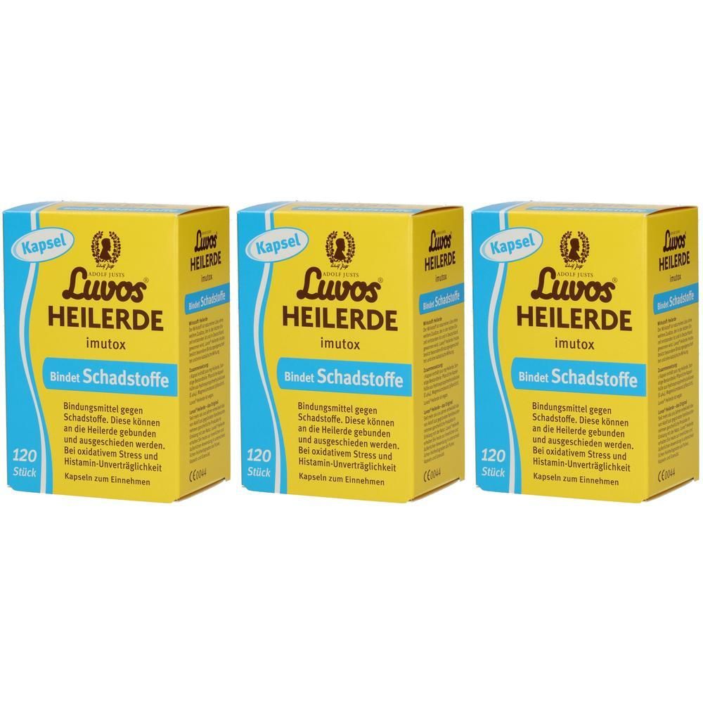 Drei Packungen Luvos Heilerde Imutox Kapseln, gelb mit blauer Schrift, 120 Stück pro Packung.