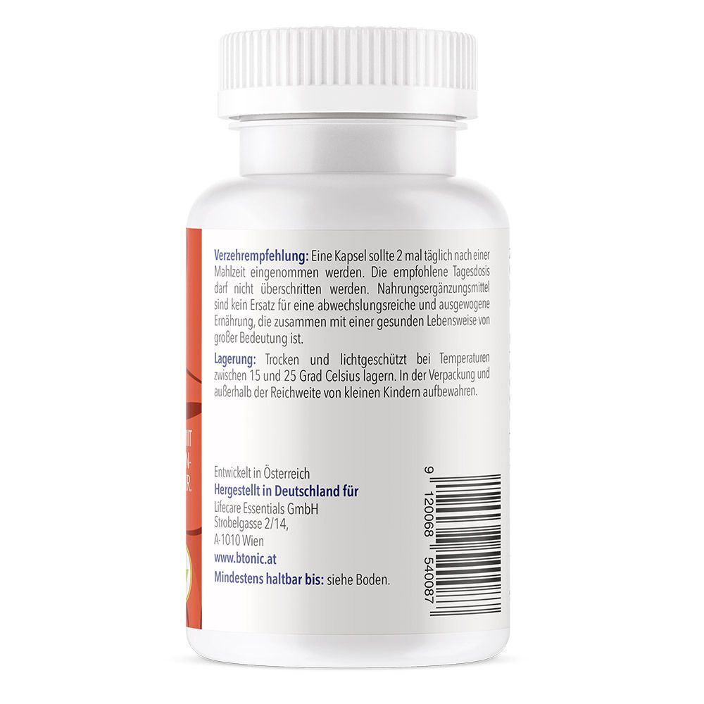 Rückseite der B!TONIC® Terra Liver Verpackung mit Verzehrempfehlung, Lagerungshinweisen und Herstellerangaben. Hergestellt in Deutschland.