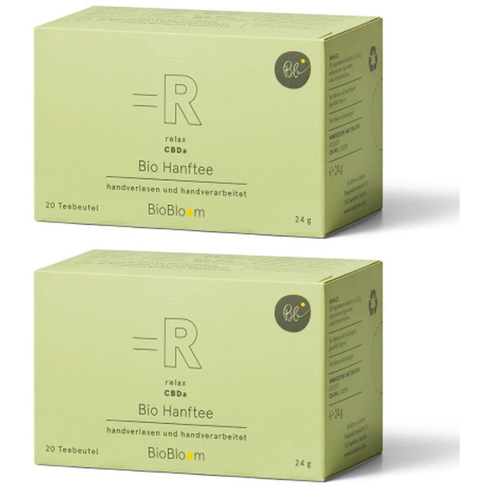 Zwei Packungen Bio Hanftee mit je 20 Teebeuteln. Marke: BioBloom. Text: relax CBD+ Bio Hanftee.
