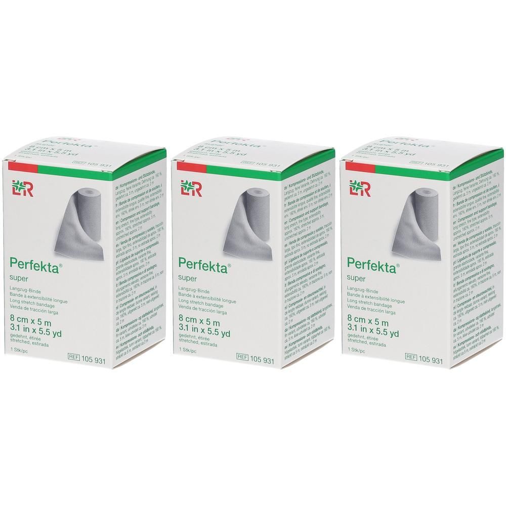 Drei Packungen Perfekta Super Verband, 8 cm x 5 m.