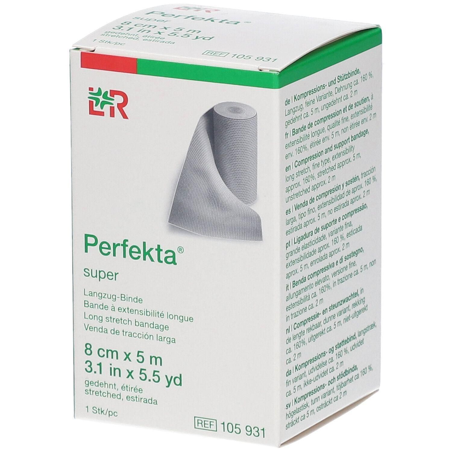 Verpackung einer Langzug-Binde, 8 cm x 5 m, mit Produktabbildung und mehrsprachigen Informationen.