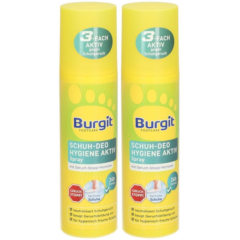 Zwei gelbe Spraydosen Burgit Schuh-Deo Hygiene Aktiv Spray mit Fußabdruck-Design und 3-fach Aktiv-Siegel.