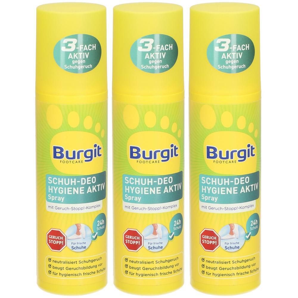 Drei gelbe Spraydosen Burgit Schuh-Deo Hygiene Aktiv Spray mit Fußabdruck-Design.