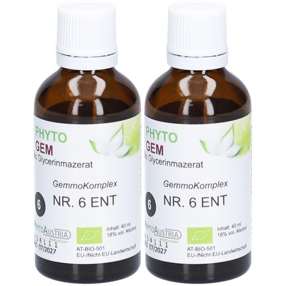 Zwei Flaschen PHYTOGEM Glycerinmazerat NR. 6 ENT, je 40 ml.