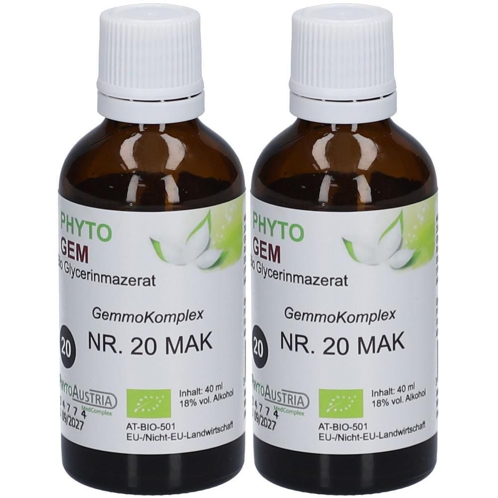 Zwei braune Glasflaschen mit weißem Schraubverschluss, gefüllt mit PhytoAustria GemmoKomplex NR. 20 MAK.