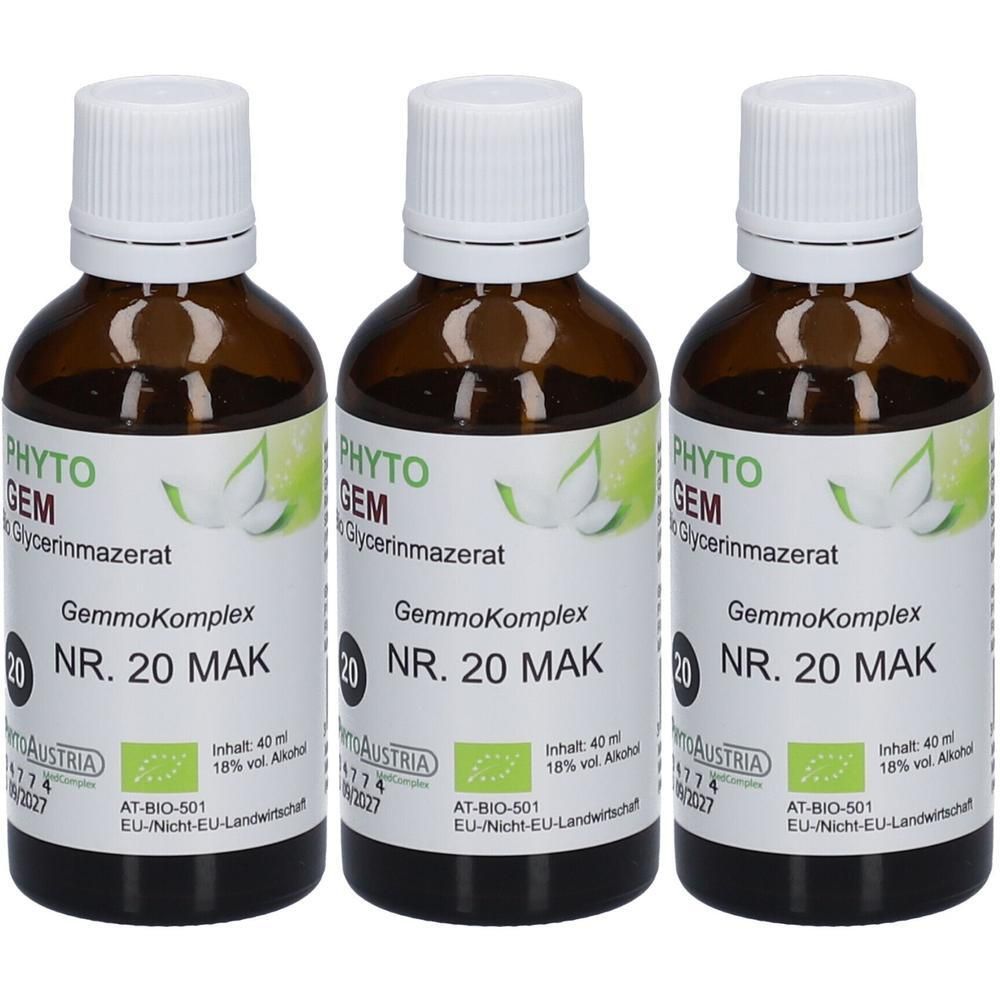 Drei braune Glasflaschen mit weißem Schraubverschluss. Etikett mit 'Phyto Austria GemmoKomplex NR. 20 MAK' und Bio-Siegel.