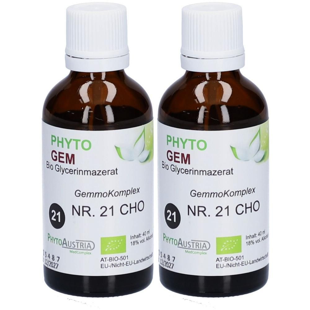 Zwei braune Glasflaschen mit weißem Verschluss, gefüllt mit PHYTOGEM Bio Glycerinmazerat NR. 21 CHO.