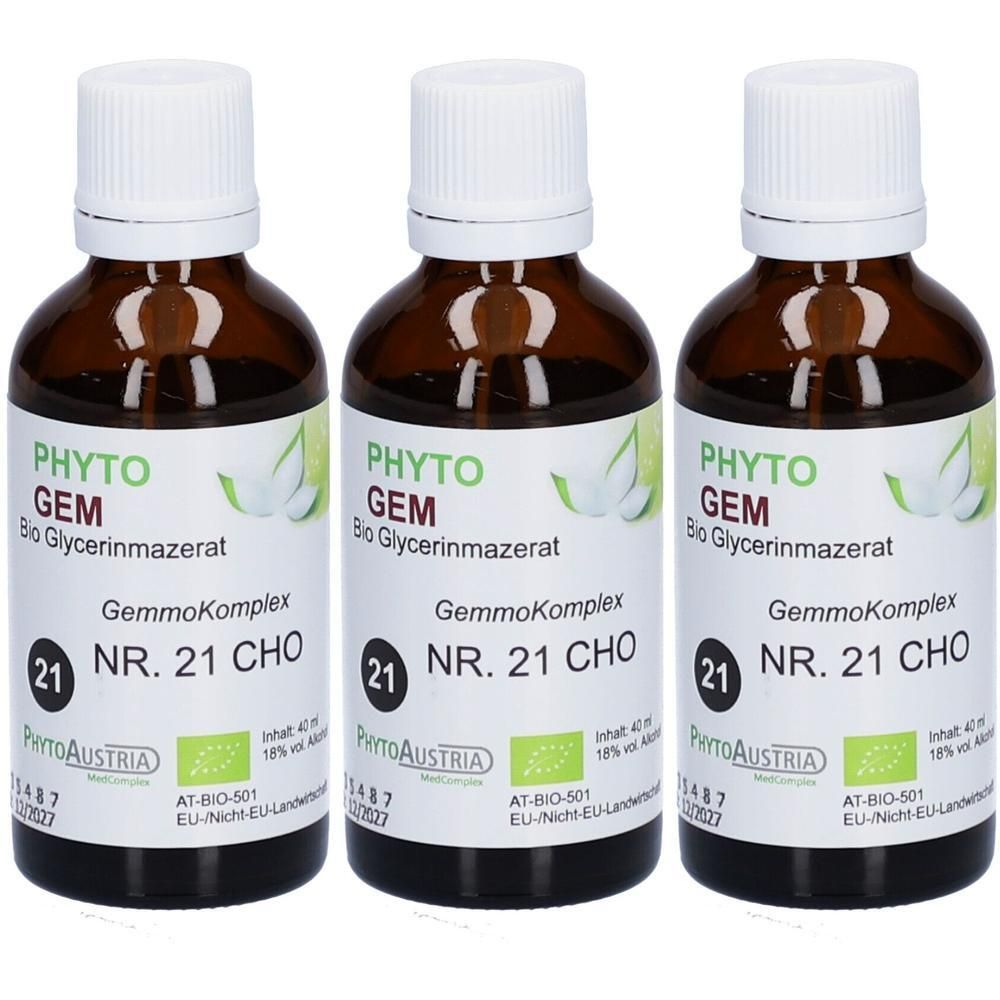 Drei braune Glasflaschen mit weißem Verschluss, gefüllt mit PHYTOGEM Bio Glycerinmazerat NR. 21 CHO.