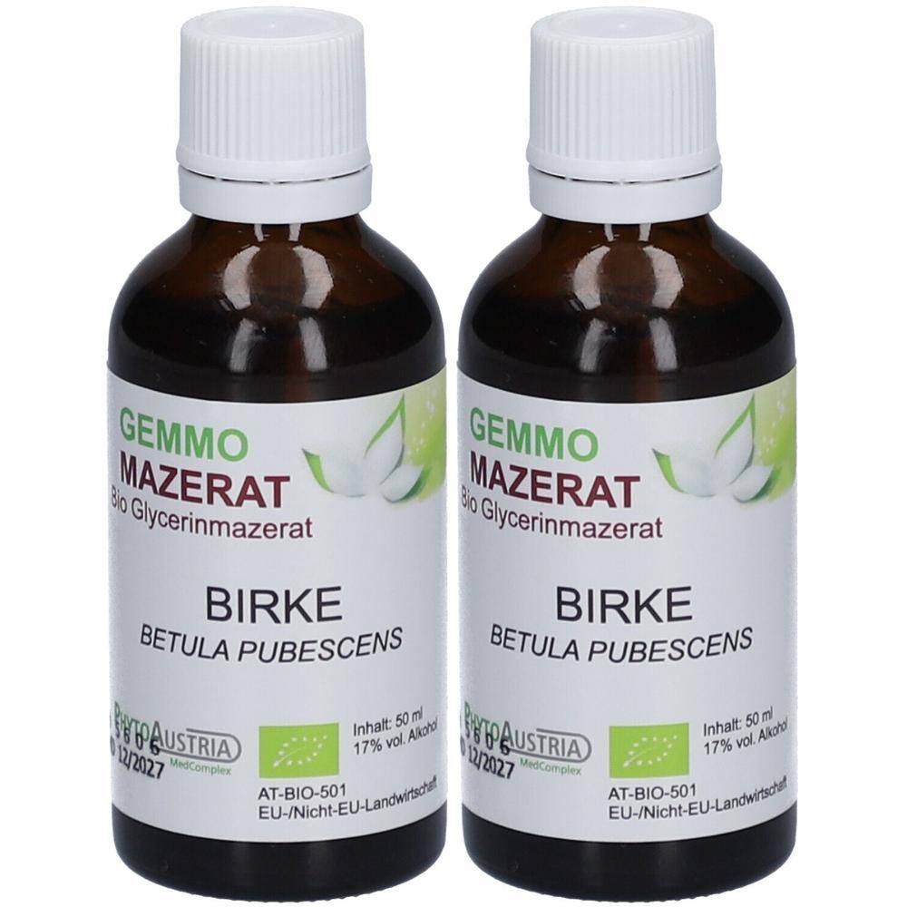 Zwei braune Glasflaschen mit weißem Schraubverschluss, gefüllt mit GEMMO MAZERAT Bio Glycerinmazerat Birke.
