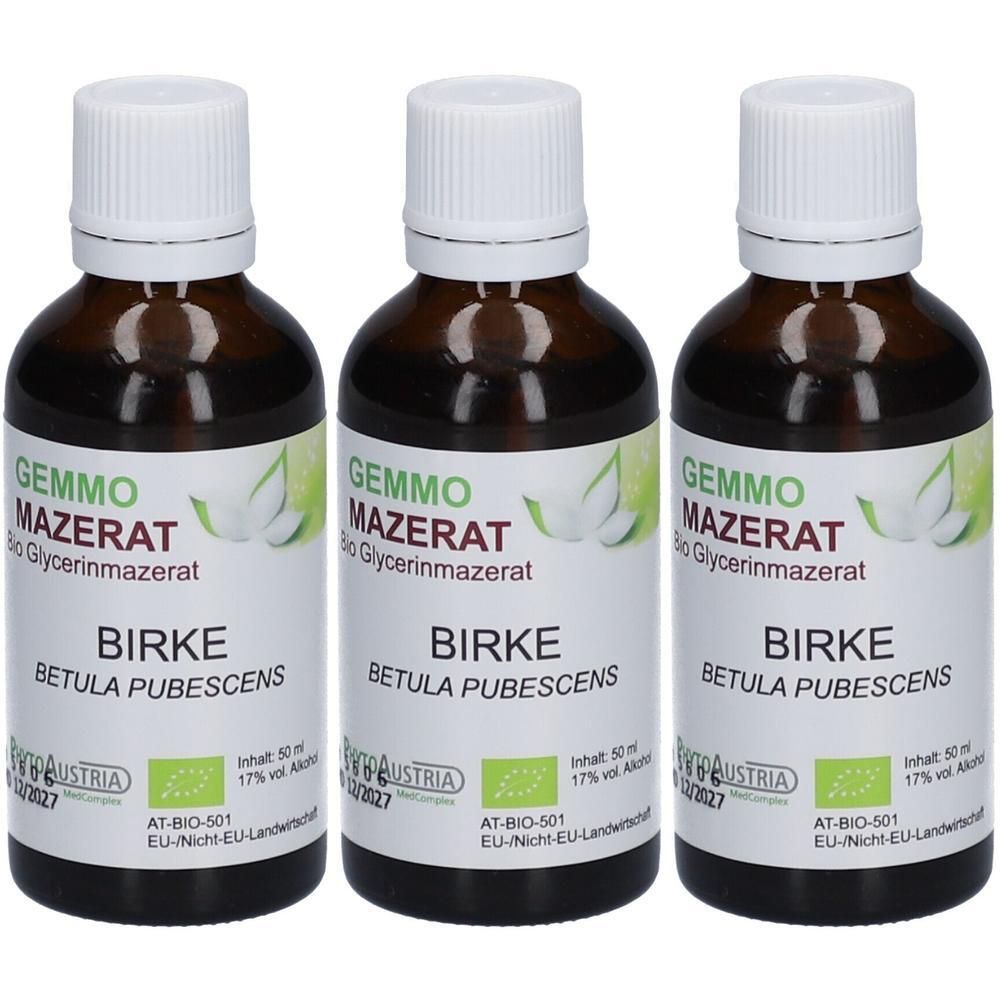 Drei Flaschen GEMMO MAZERAT Bio Glycerinmazerat Birke mit weißen Verschlüssen. Braune Glasflaschen mit Etiketten.