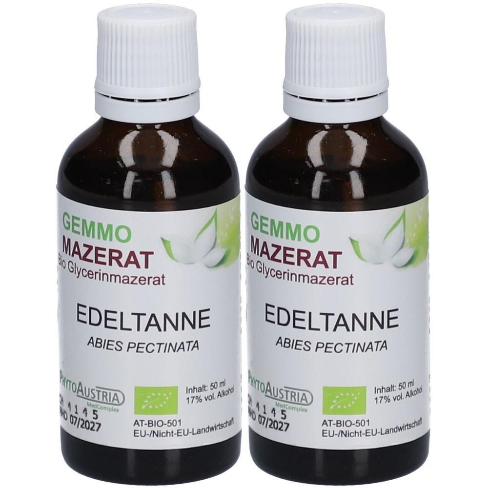 Zwei Flaschen Edeltanne Gemmo Mazerat Bio Glycerinmazerat, je 50 ml.
