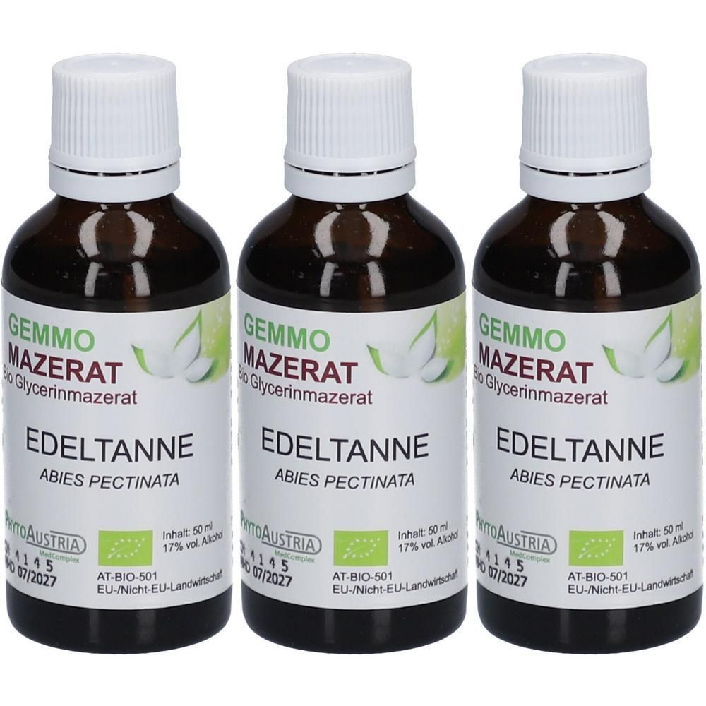 Drei Flaschen Edeltanne Gemmo Mazerat Bio Glycerinmazerat von PhytoAustria. Dunkelbraune Glasflaschen mit weißen Verschlüssen und Etiketten.