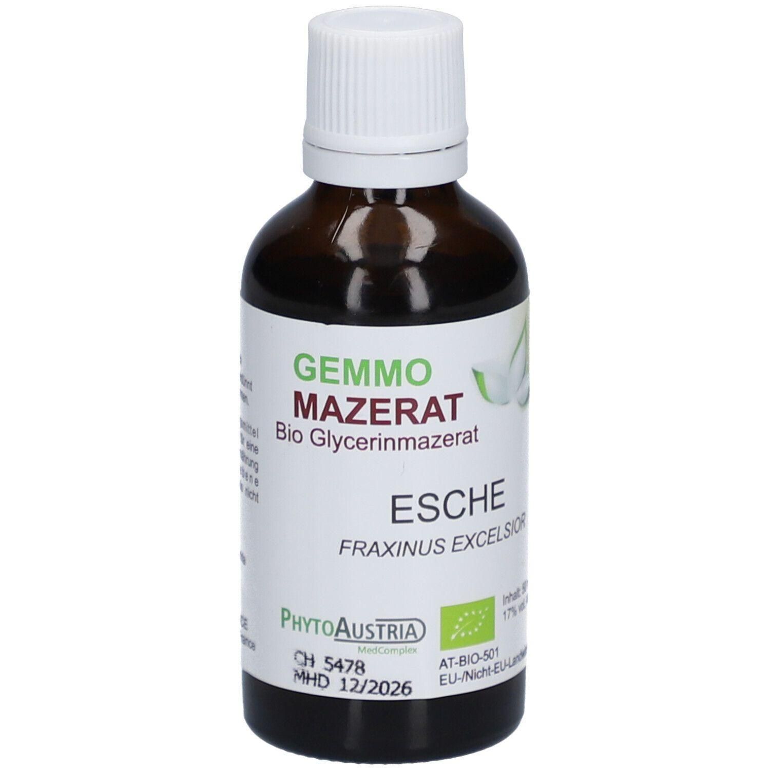 Braune Glasflasche mit weißem Schraubverschluss. Enthält GEMMO MAZERAT BIO Glycerinmazerat ESCHE.