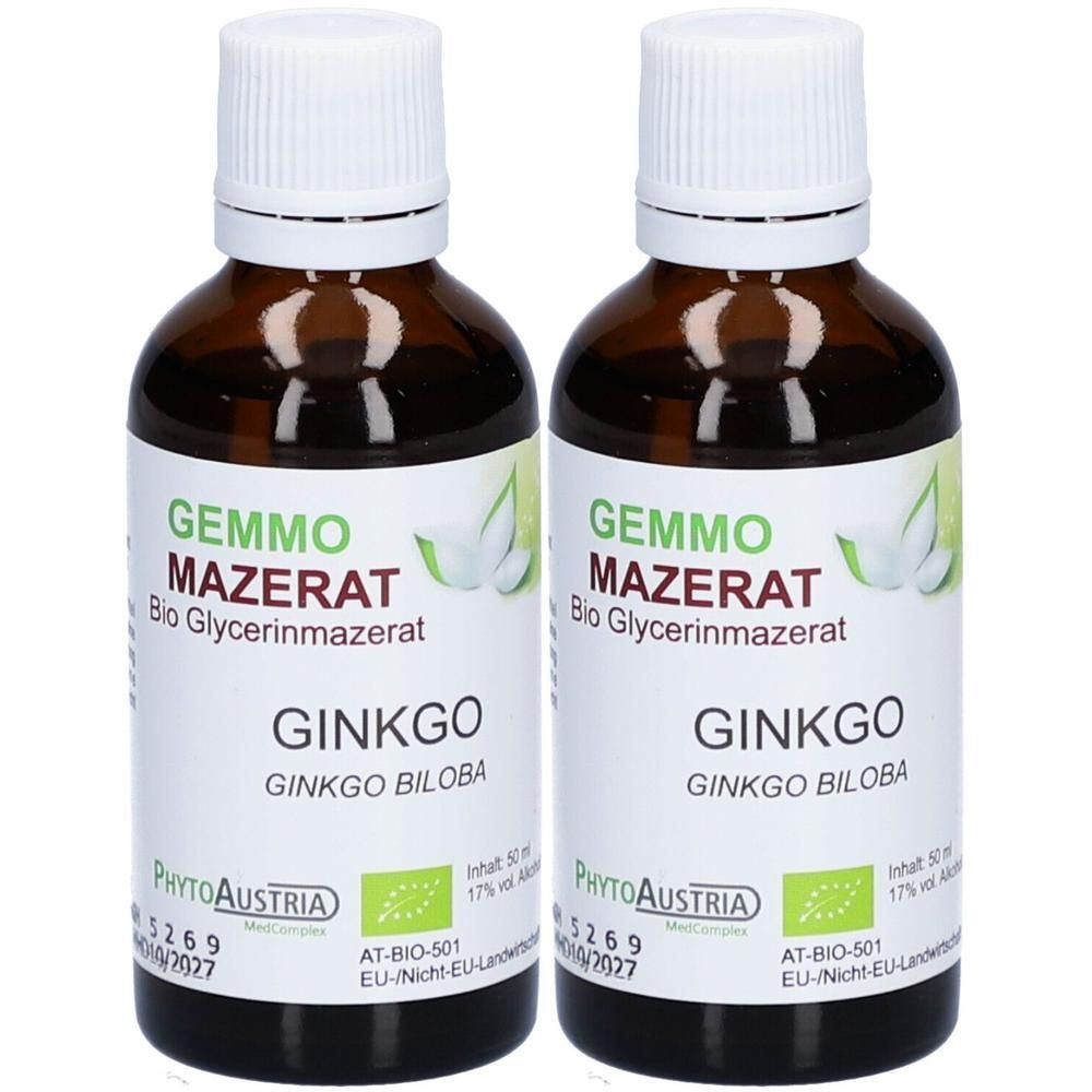 Zwei braune Glasflaschen mit weißem Verschluss, gefüllt mit Ginkgo Glycerinmazerat.