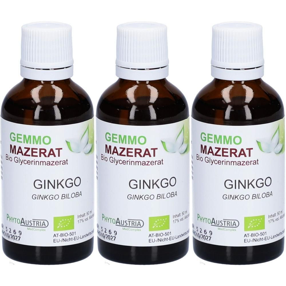 Drei Flaschen Gemmo Mazerat Ginkgo Bio Glycerinmazerat von PhytoAustria mit Bio-Siegel.